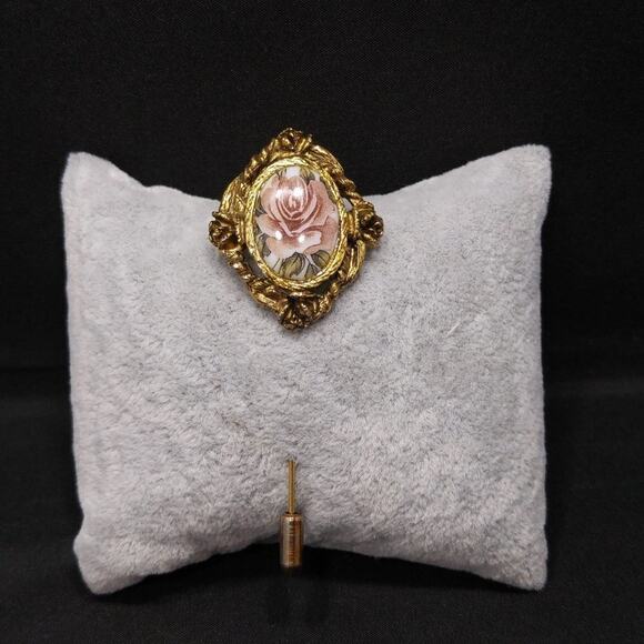 Vintage Edwardian Style Rose Ceramic Stick Pin, Antique Gold Tone, 1960s, 3 Inch - Picture 10 of 10